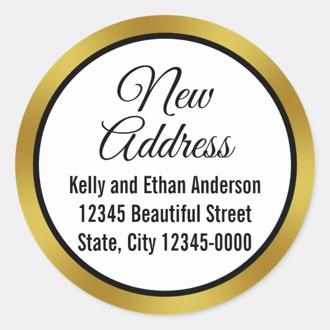 New Address Black White Gold Elegant Script Moving Classic Round Sticker (Front)