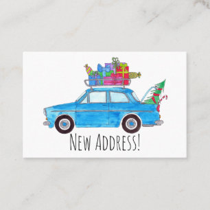 New Address blue Car with Christmas Gifts Business Card