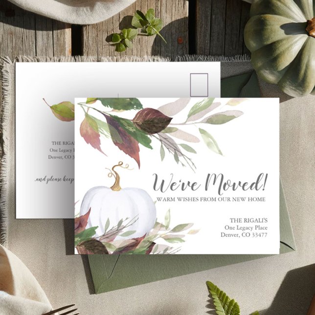 New Address Change of Address Moving Announcement Postcard (Change of address postcard fall leaves and white pumpkin)