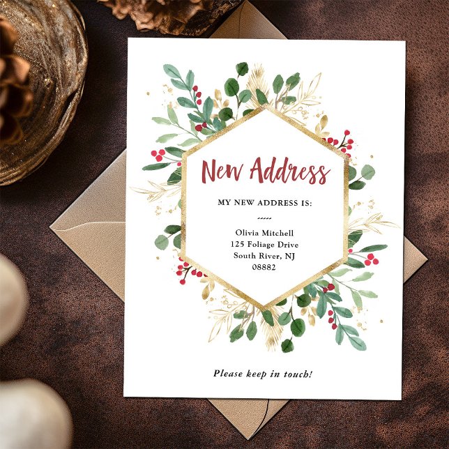 New Address | Christmas Gilded Greenery White Postcard (Gilded greenery on white Christmas change of address postcard)