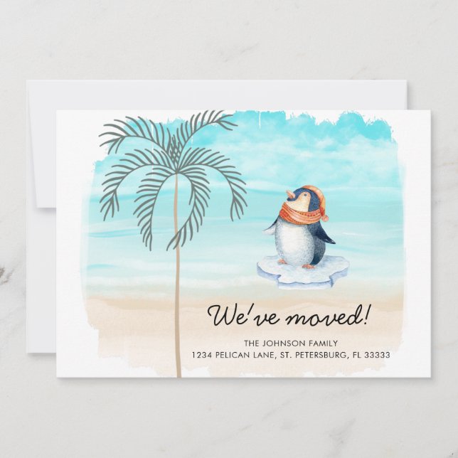 New Address Cute Penguin Florida Beach Fun Moving Announcement (Front)