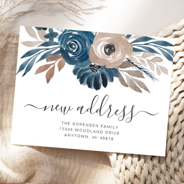 New Address Floral Blue Brown Moving Announcement Postcard (Creator Uploaded)