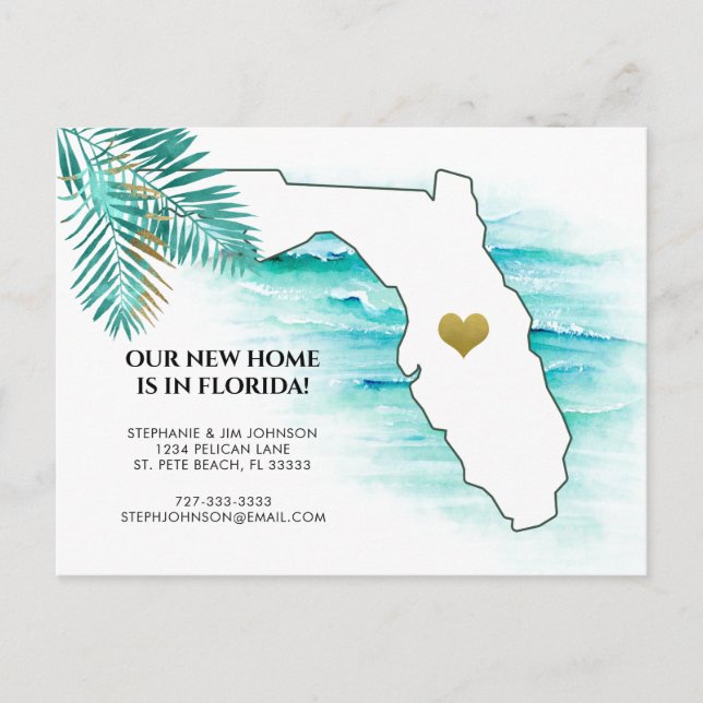 New Address Florida Map Gold Heart Moving Announcement Postcard (Front)