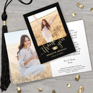 New Address & Graduation Photo Black & Gold Thank You Card
