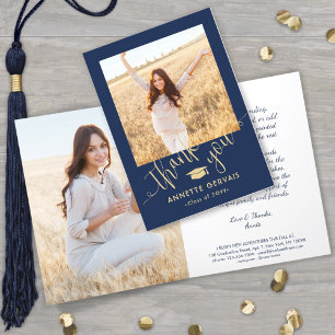 New Address & Graduation Photo Navy Blue & Gold Thank You Card