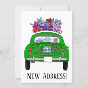 New Address Green Car with Christmas Gifts Invitation