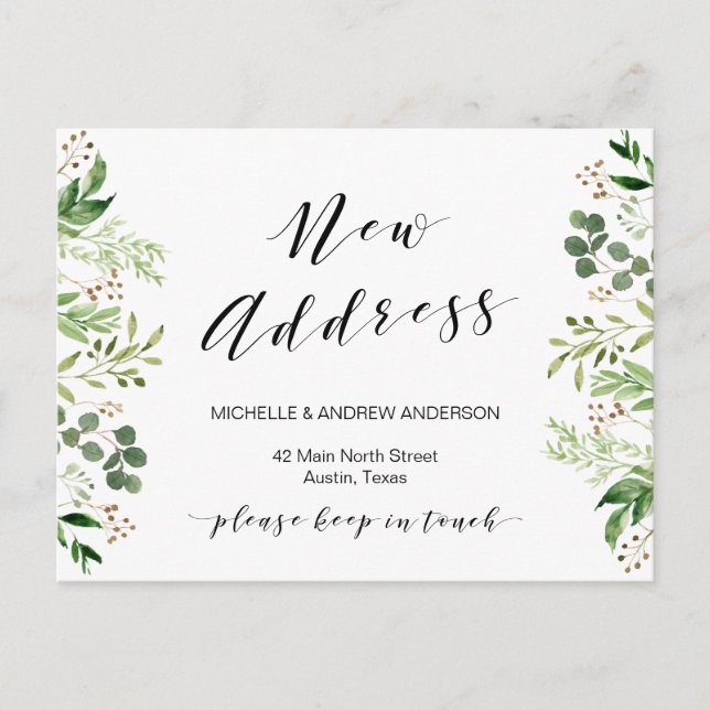 New Address, Greenery New Home Moving Announcement Postcard (Front)