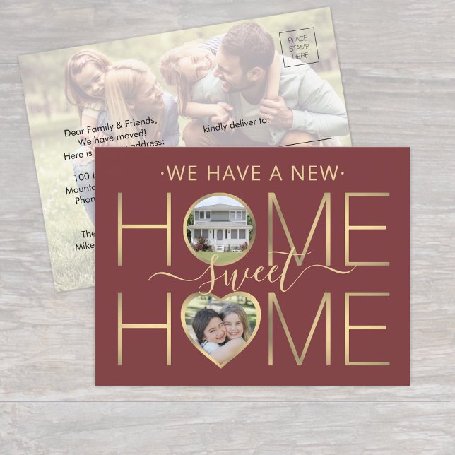 New Address Home Sweet Home Burgundy & Gold Photo Announcement Postcard (Creator Uploaded)