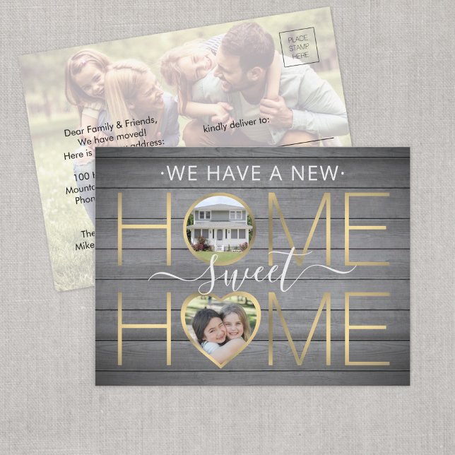 New Address Home Sweet Home Faux Wood & Gold Photo Announcement Postcard (Creator Uploaded)