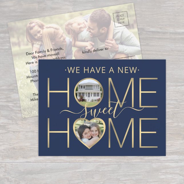 New Address Home Sweet Home Navy Blue & Gold Photo Announcement Postcard (Creator Uploaded)