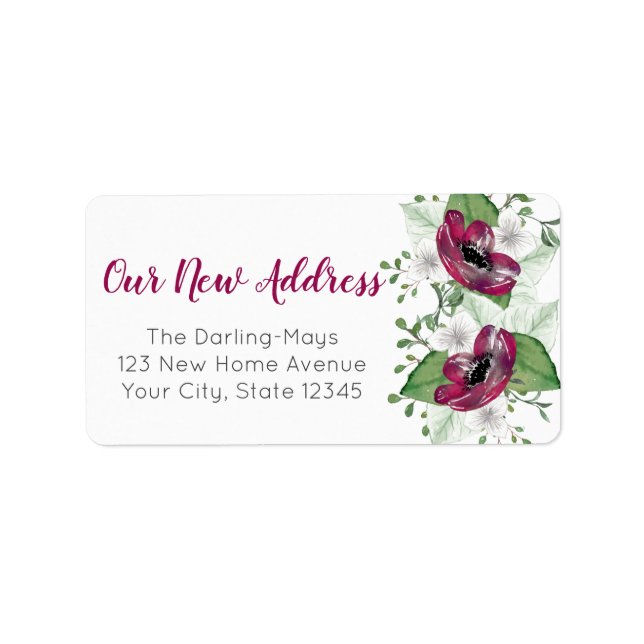 New Address Magenta Watercolor Floral Custom Label (Front)