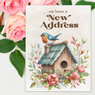 New Address Moving Announcement Birdhouse Flowers Postcard