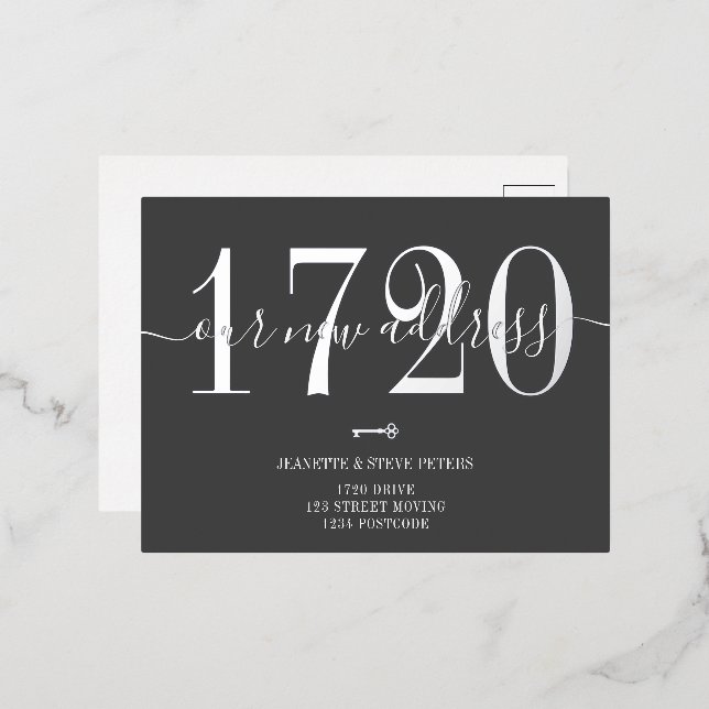 New Address number grey silver script moving Foil Invitation Postcard (Front/Back)