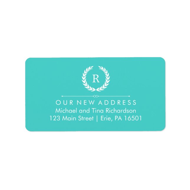 New Address on Turquoise and White Monogram Wreath Label (Front)