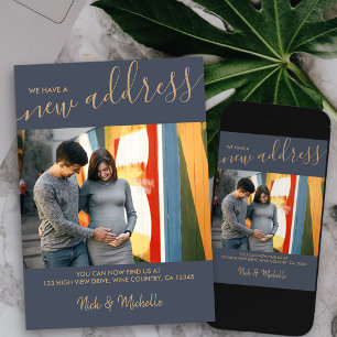 New Address Photo and Elegant Script Blue Moving Announcement