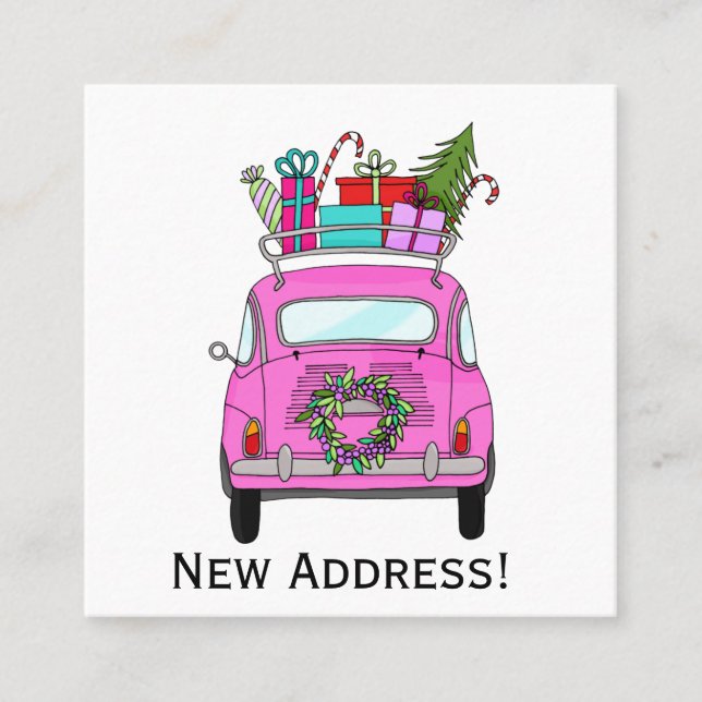 New Address Pink Fiat 500 with Christmas Gifts Square Business Card (Front)