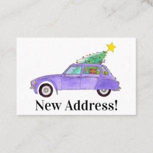 New Address Purple car with Christmas Gifts Business Card