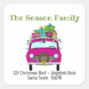 New Address Purple Car with Christmas Gifts Square Sticker