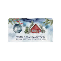 New Address Red Cabin in Snow with Blue Ornament
