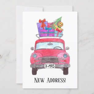 New Address Red Car Christmas Gifts Watercolor Invitation