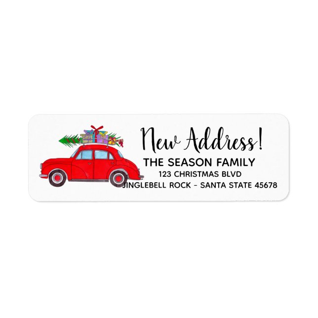 New Address Red Car with Christmas tree Label (Front)