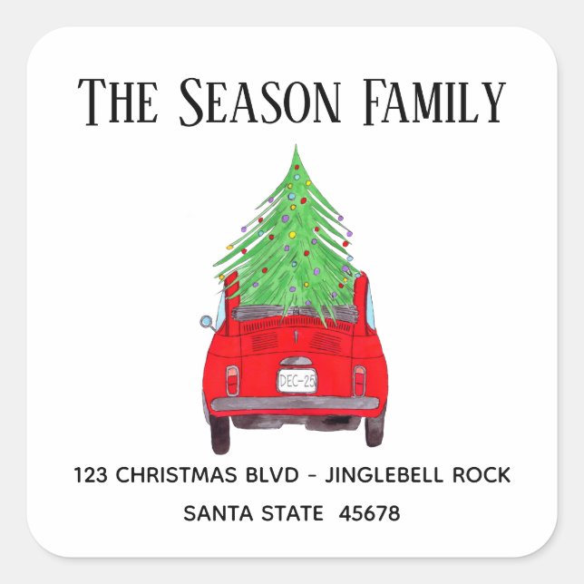 New Address Red Car with Christmas Tree Square Sticker (Front)