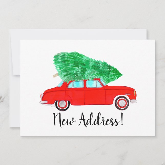 New Address Red Car with Christmas tree Watercolor Invitation (Front)