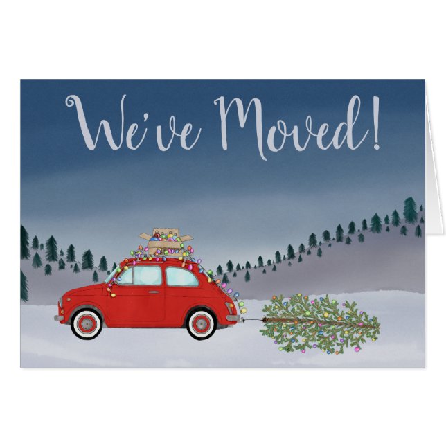 New Address Red Fiat 500 Christmas tree Watercolor (Front Horizontal)