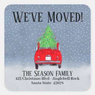 New Address Red Fiat 500 with Christmas Tree Square Sticker