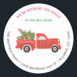 New Address Red Truck Christmas Moving Announcemen Classic Round Sticker<br><div class="desc">Announce your move this holiday with a cute illustration red truck design sticker. Easily change the details on by clicking the "Personalise" button.</div>