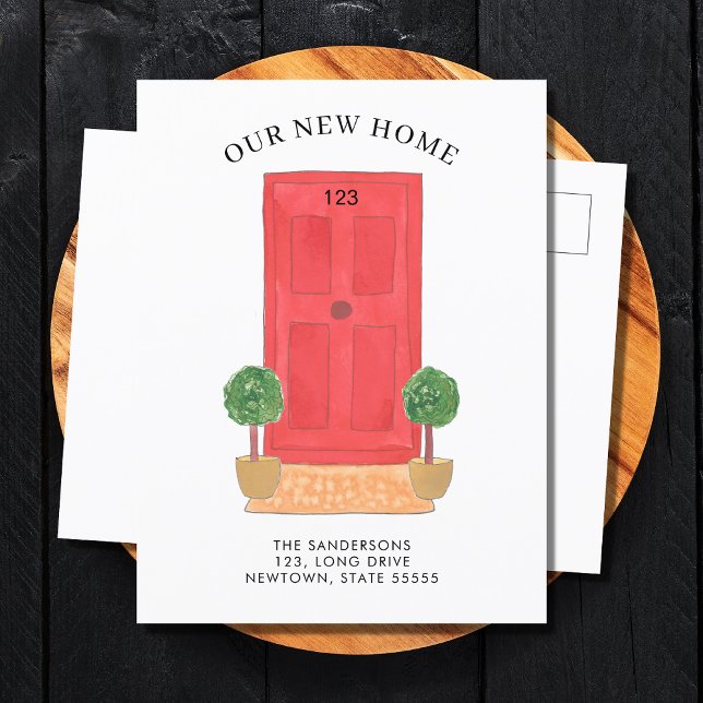 New Address Red Watercolor Door Moving Announcement Postcard (Creator Uploaded)