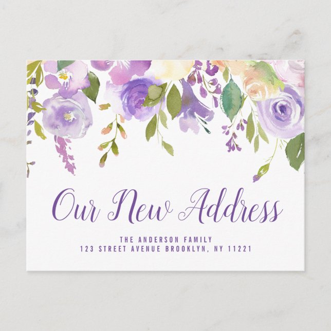 New Address script lettering purple moving Postcard (Front)