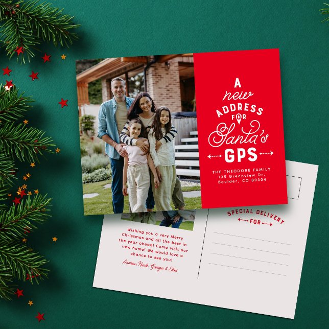 New address two photo red Christmas Holiday Postcard (Creator Uploaded)