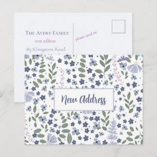 New Address Watercolor Floral Blue and Lavender Postcard