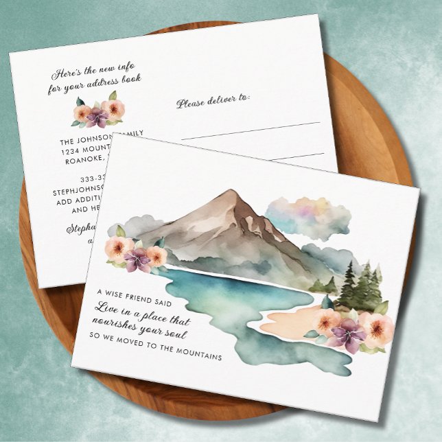 New Address Watercolor Mountains Moving Announcement Postcard (New Address Watercolor Mountains Motivational Quote Floral Moving Announcement Postcard)