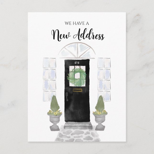New Address We've Moved Watercolor Black Door Postcard (Front)