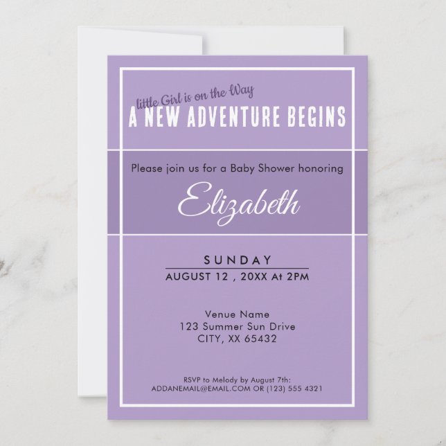 New Adventure Begins Purple Babyshower Invitation (Front)