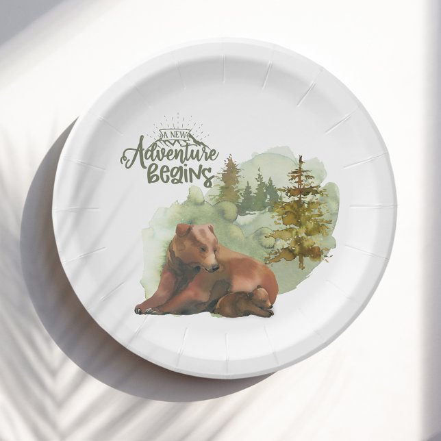 New Adventure Begins Typography Rustic Bears Paper Plate (Creator Uploaded)