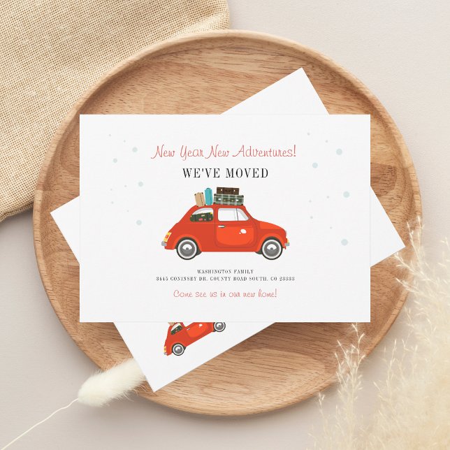 New Adventures Change of Address Moving Announcement (New Year Adventure Change of Address Red Car and Luggage Moving Announcement)