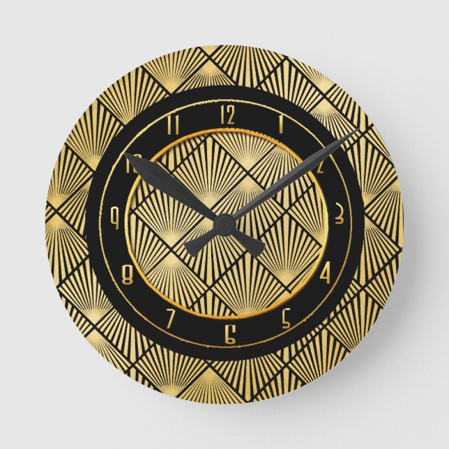 New Art Deco Circular Black and Gold Round Clock (Front)