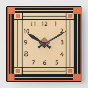 New Art Deco Style (Orange, Black and Cream) Square Wall Clock