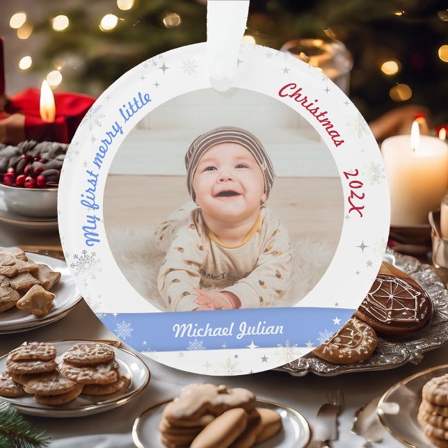 New Baby 2 Photos My First Merry Little Christmas Ornament (Modern Elegant Cute My First Merry Little Christmas Baby Personalized Name 2 Photos Snowflakes Stars)