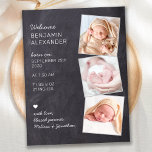 New Baby 3 Photo Chalkboard Birth Announcement Postcard<br><div class="desc">Announce your new baby to friends and family with these rustic chalkboard slate, fun and modern photo collage birth announcement cards. Customise with 3 of your favourite photos, and personalise with name, born date, birth stats. COPYRIGHT © 2020 Judy Burrows, Black Dog Art - All Rights Reserved. New Baby 3...</div>