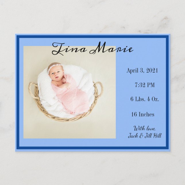 New Baby Birth Announcement Blue Photo Postcard (Front)