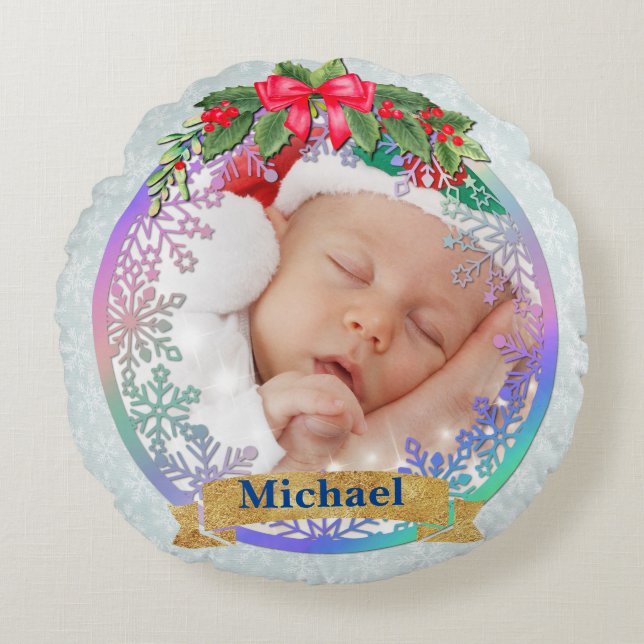 New baby birth stats Christmas, Birth Announcement Round Cushion (Front)