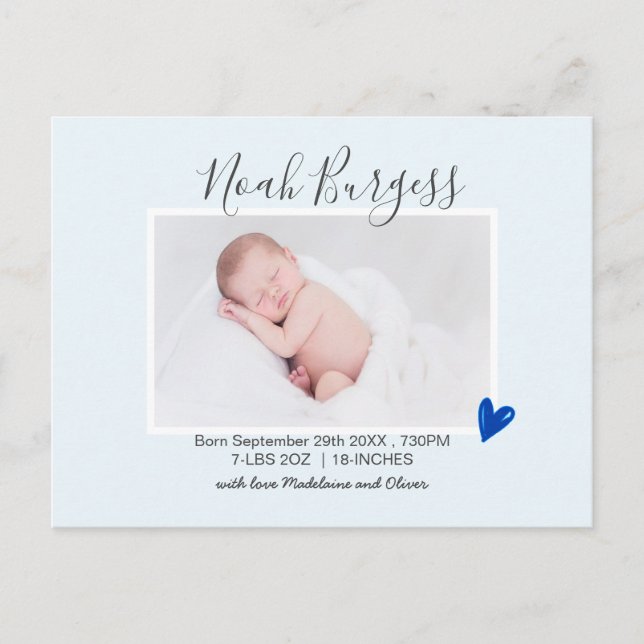 New Baby Blue Heart Birth Announcement Photo Postcard (Front)