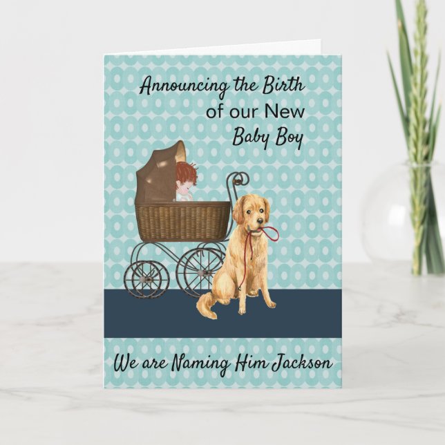 New Baby Boy Announcement with Baby, Carriage, Dog (Front)