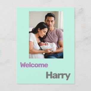 new baby boy birth announcement blue purple modern postcard