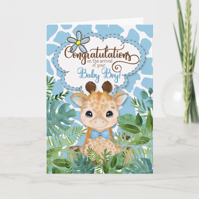New Baby Boy Blue Giraffe Jungle Congratulations Card (Front)