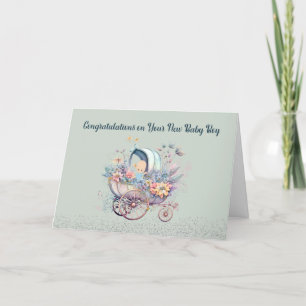 New Baby Boy Card with Carriage & Flowers
